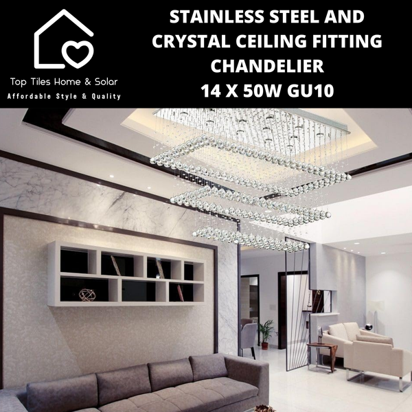 Stainless Steel and Crystal Ceiling Fitting Chandelier - 14 X 50W GU10