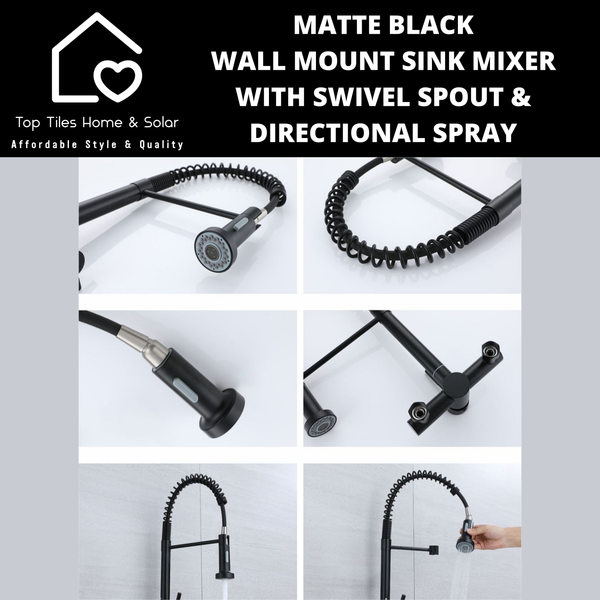 Matte Black Wall Mount Sink Mixer with Swivel Spout & Directional Spray