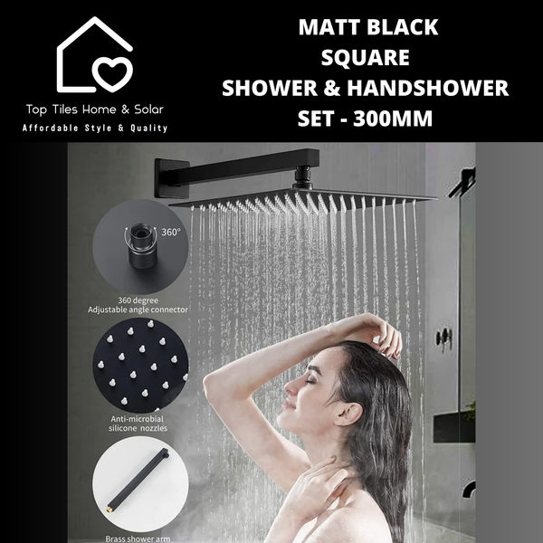 Matt Black Square Shower & Handshower Set - 300mm