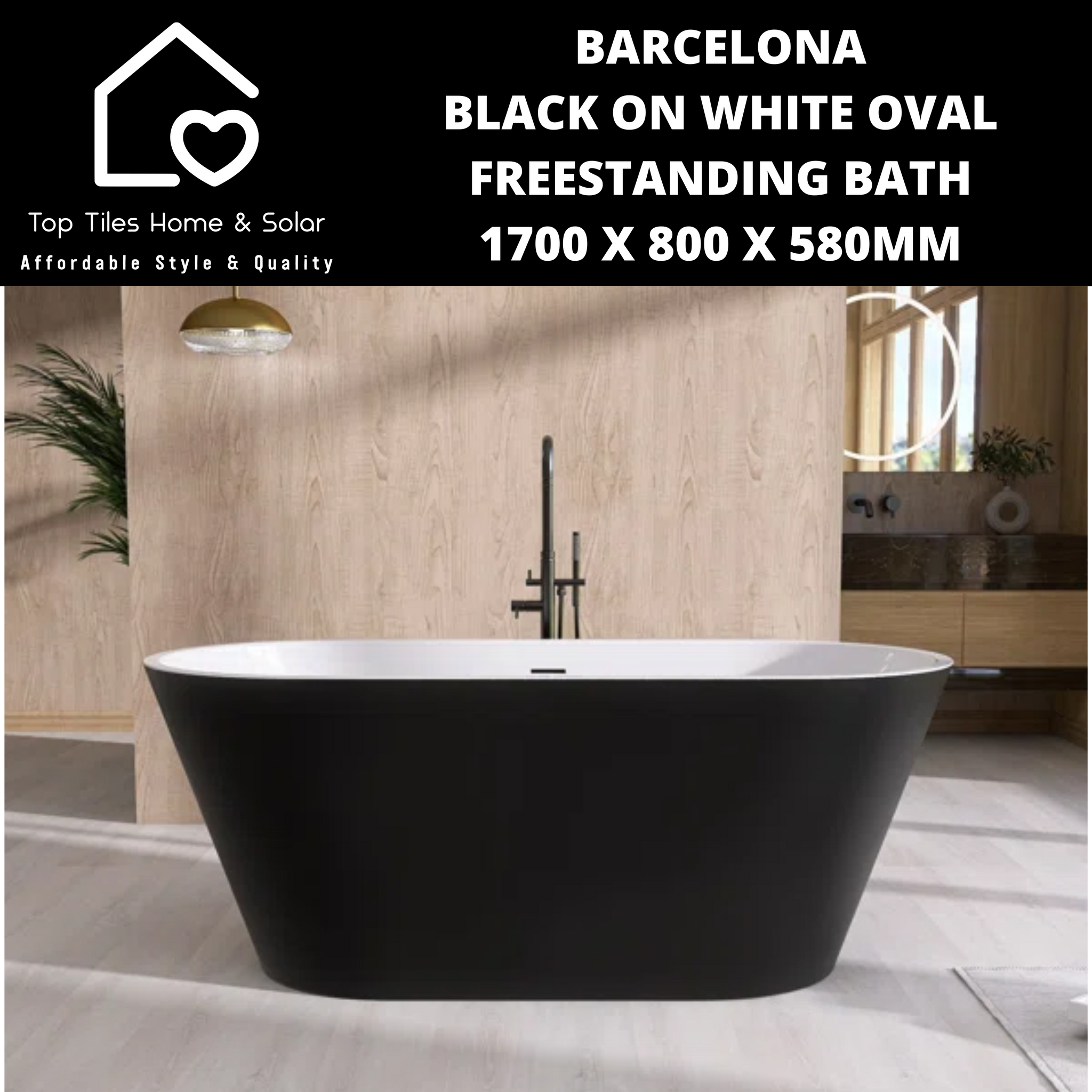 Barcelona Black on White Oval Freestanding Bath - 1700 x 800 x