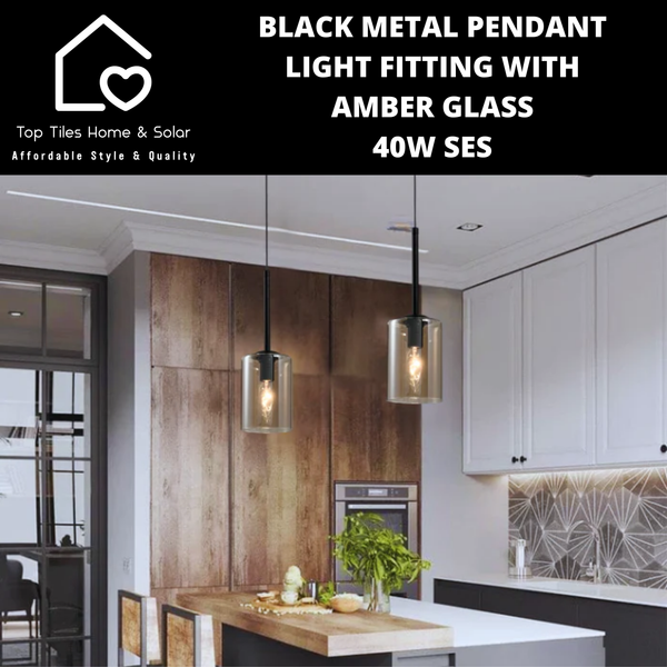 Black Metal Pendant Light Fitting with Amber Glass - 40W SES