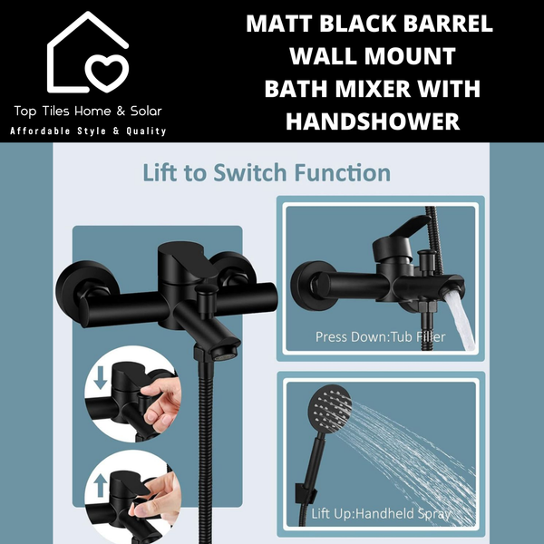 Matt Black Barrel Wall Mount Bath Mixer With Handshower