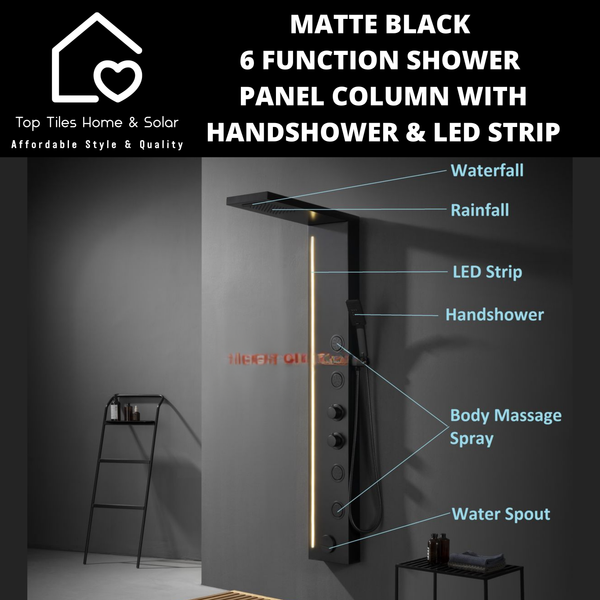 Matte Black 6 Function Shower Panel Column with Handshower & LED Strip
