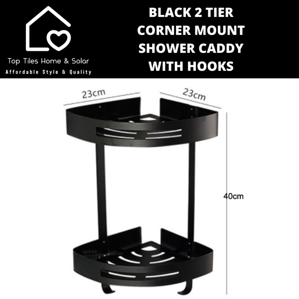 Black 2 Tier Corner Mount Shower Caddy with Hooks