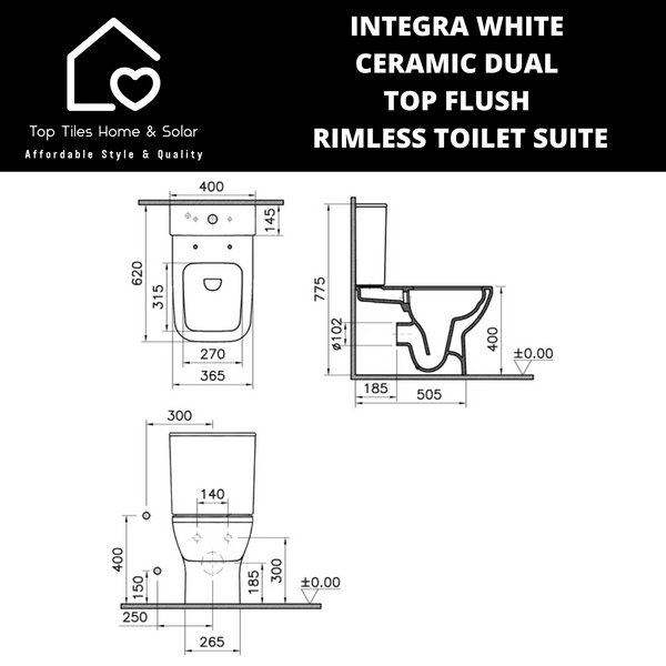 Integra White Ceramic Dual Top Flush Rimless Toilet Suite