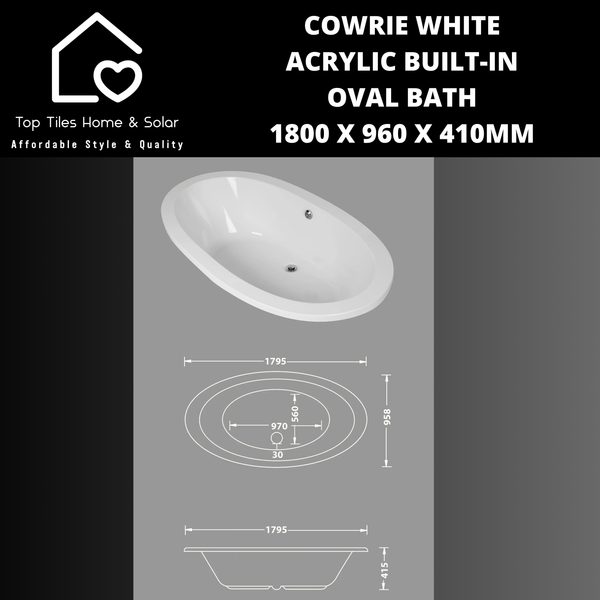 Cowrie White Acrylic Oval Built-in Bath - 1800 x 960 x 410mm