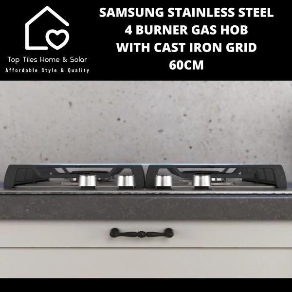 Samsung Stainless Steel 4 Burner Gas Hob with Cast Iron Grid - 60cm