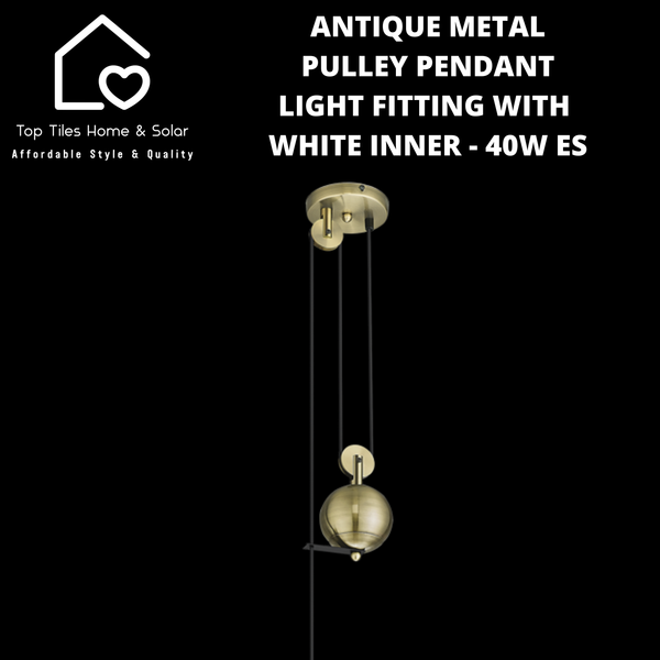 Antique Metal Pulley Pendant Light Fitting with White Inner - 40W ES