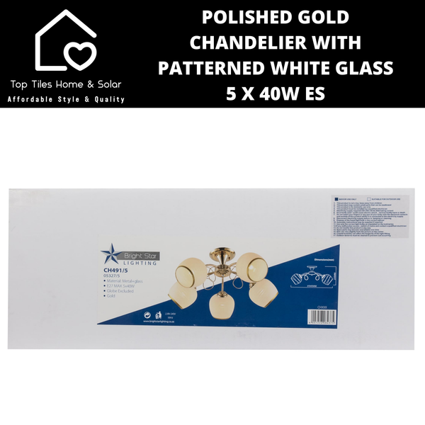 Polished Gold Chandelier with Patterned White Glass - 5 x 40W ES