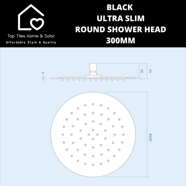 Black Ultra Slim Round Shower Head - 300mm