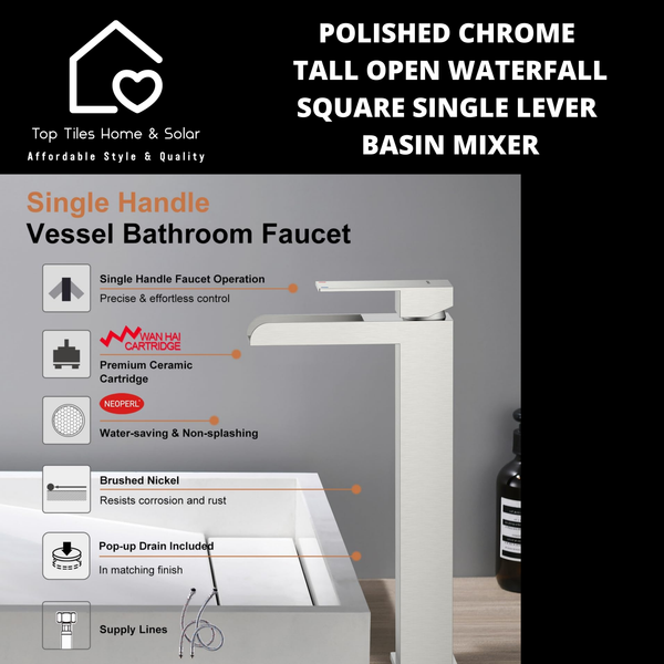 Polished Chrome Tall Open Waterfall Square Single Lever Basin Mixer