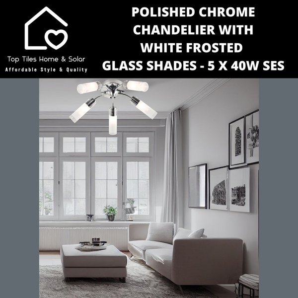 Polished Chrome Chandelier with White Frosted Glass Shades - 5 x 40W SES