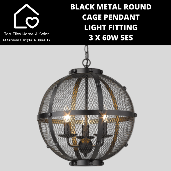 Black Metal Round Cage Pendant Light Fitting - 3 x 60W SES