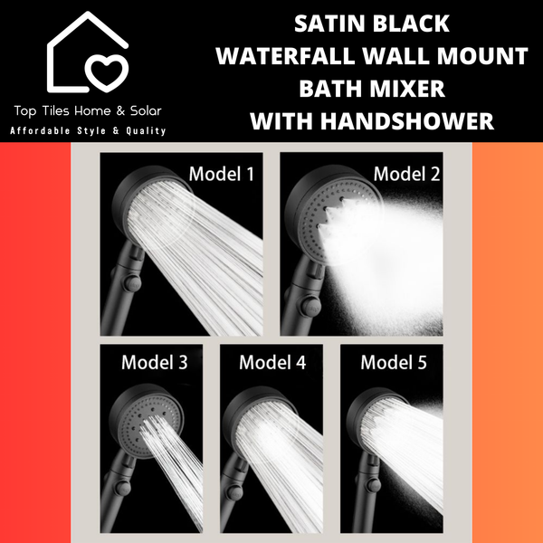 Satin Black Waterfall Wall Mount Bath Mixer With Handshower