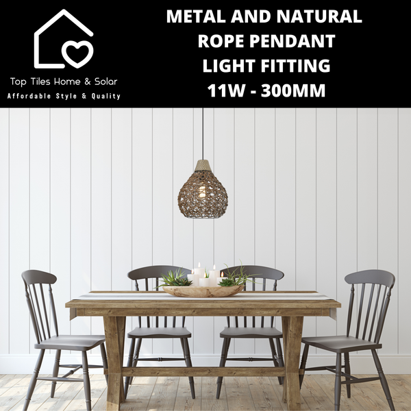 Metal and Natural Rope Pendant Light Fitting - 11W - 300mm