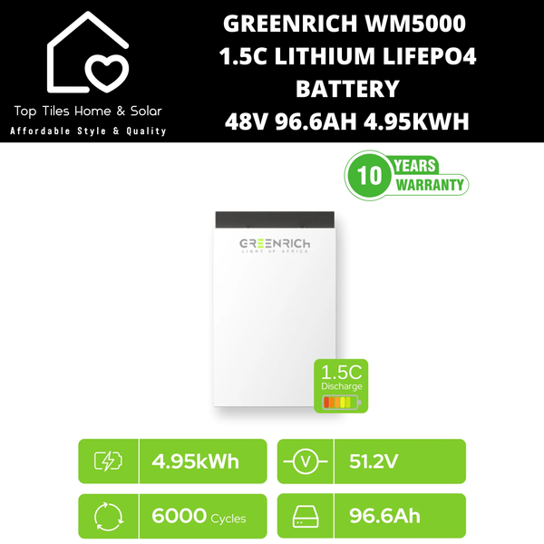 Greenrich WM5000 1.5C Lithium LiFePo4 Solar Battery - 48V 96.6Ah 4.95kWh