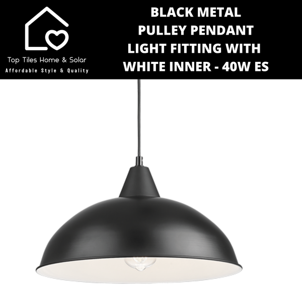 Black Metal Pulley Pendant Light Fitting with White Inner - 40W ES