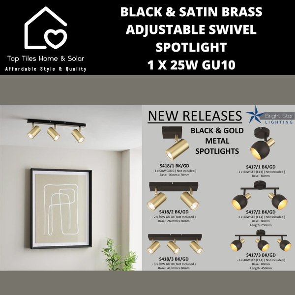 Black & Satin Brass Adjustable Swivel Spotlight - 1 x 25W GU10