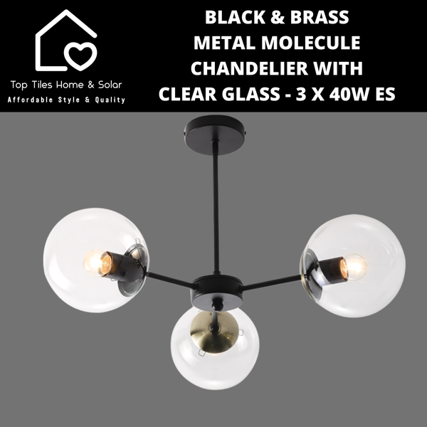 Black & Brass Metal Molecule Chandelier With Clear Glass - 3 x 40W ES