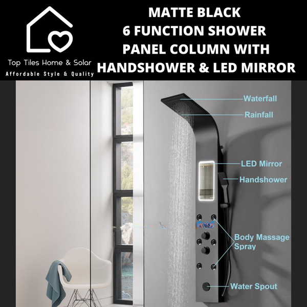 Matte Black 6 Function Shower Panel Column with Handshower & LED Mirror