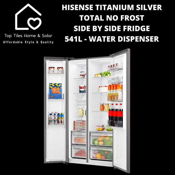 Hisense Titanium Silver Total No Frost Side by Side Fridge - 541L Water Dispenser