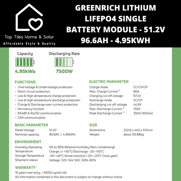 Greenrich UP5000 Lithium LiFePo4 Single Solar Battery Module - 51.2V 96.6Ah 4.95kWh