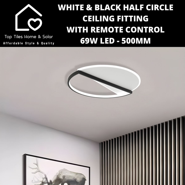 White & Black Half Circle Ceiling Fitting with Remote Control - 69W LED - 500mm