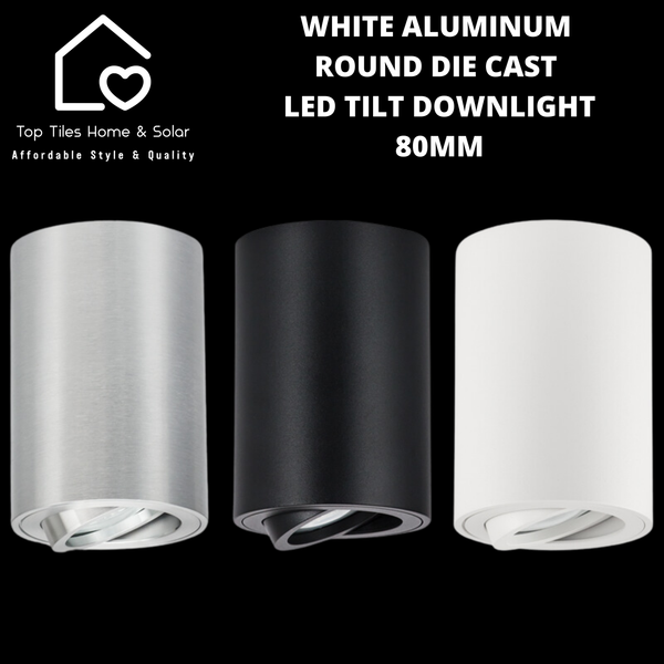 White Aluminum Round Die Cast LED Tilt Downlight - 80mm