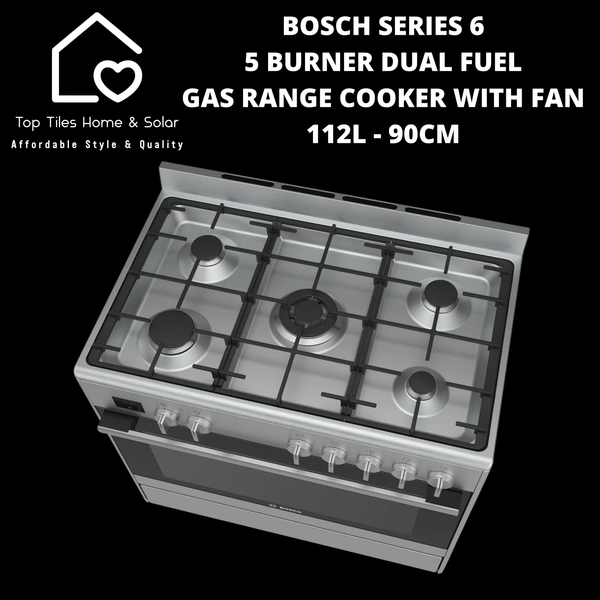 Bosch Series 6 - 5 Burner Dual Fuel Gas Range Cooker with Fan 112L - 90cm