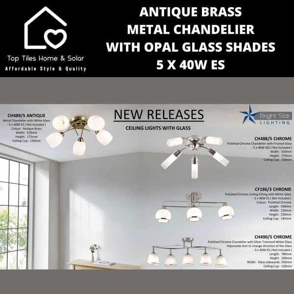 Antique Brass Metal Chandelier with Opal Glass Shades - 5 x 40W ES