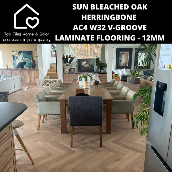 Sun Bleached Oak Herringbone AC4 W32 V-Groove Laminate Flooring - 12mm