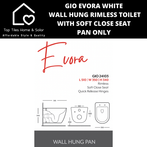 Gio Evora White Wall Hung Rimless Toilet with Soft Close Seat  - Pan Only