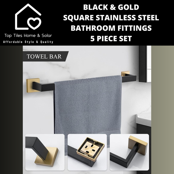 Black & Gold Square Stainless Steel Bathroom Fittings - 5 Piece Set