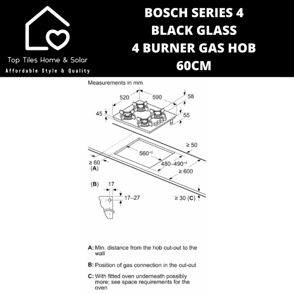 Bosch Series 4 - Black Glass 4 Burner Gas Hob - 60cm