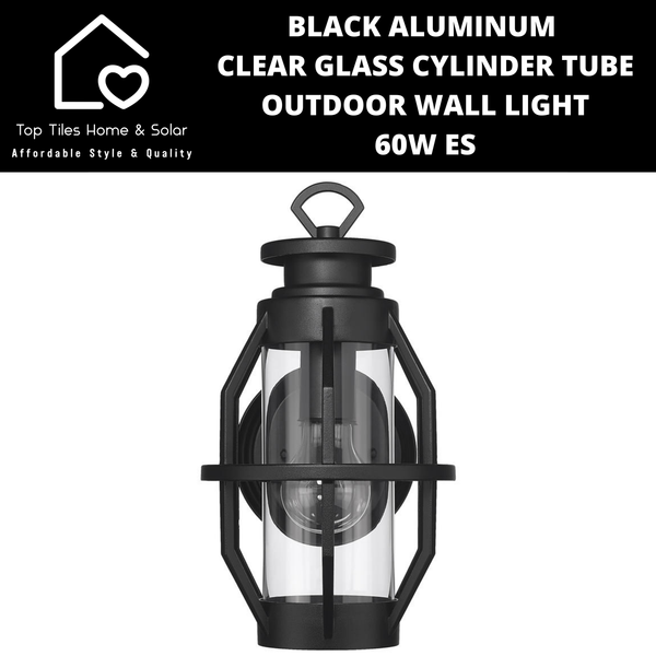 Black Aluminum & Clear Glass Cylinder Tube Outdoor Wall Light - 60W ES