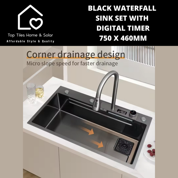 Black Stainless Steel Digital Waterfall Kitchen Sink Set - 750 x 460mm