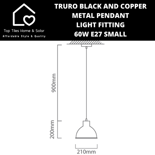 Truro Black and Copper Metal Pendant Light Fitting - 60W E27 Small