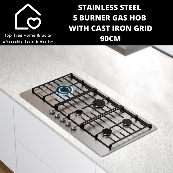 Stainless Steel 5 Burner Gas Hob with Cast Iron Grid - 90cm