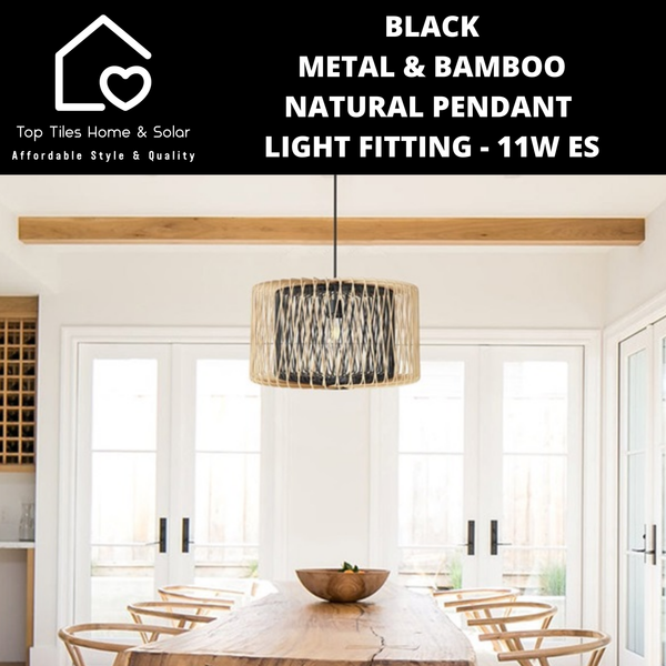 Black Metal & Bamboo Natural Pendant Light Fitting - 11W ES