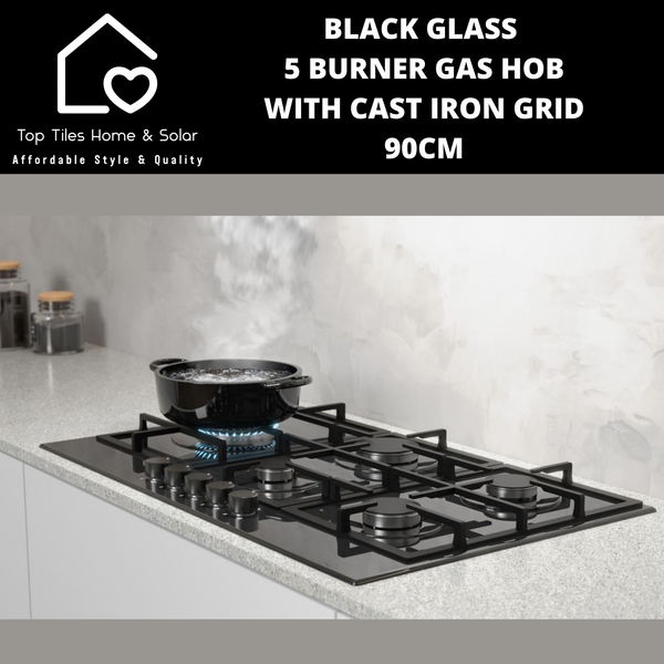 Black Glass 5 Burner Gas Hob with Cast Iron Grid - 90cm