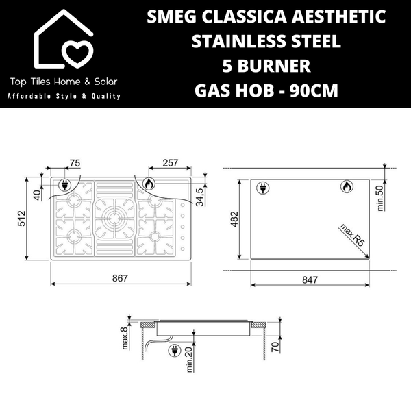 Smeg Classica Aesthetic Stainless Steel 5 Burner Gas Hob - 90cm