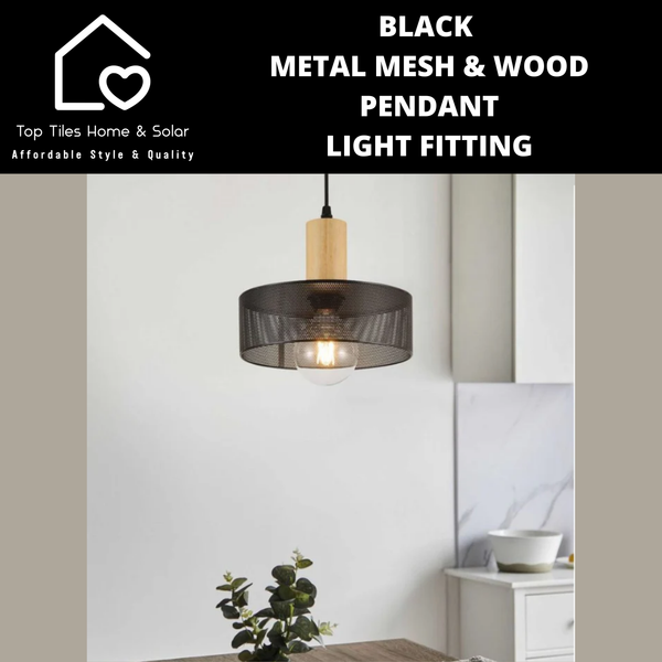 Black Metal Mesh & Wood Pendant Light Fitting