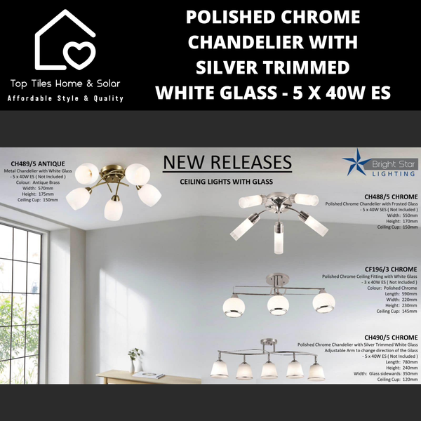Polished Chrome Chandelier with Silver Trimmed White Glass - 5 x 40W ES
