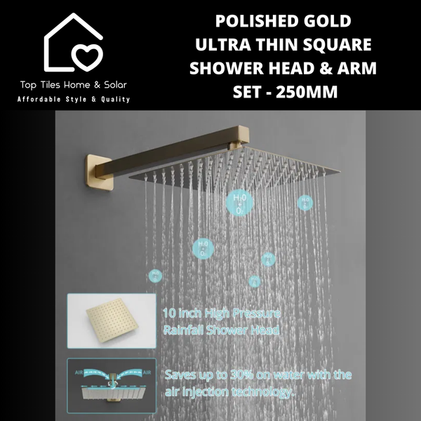 Polished Gold Ultra Thin Square Shower Head & Arm Set - 250mm