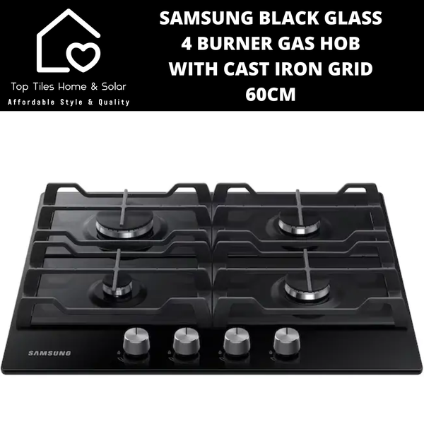 Samsung Black Glass 4 Burner Gas Hob with Cast Iron Grid - 60cm