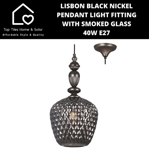 Lisbon Black Nickel Pendant Light Fitting with Smoked Glass - 40W E27