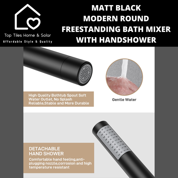 Matt Black Modern Round Freestanding Bath Mixer With Handshower