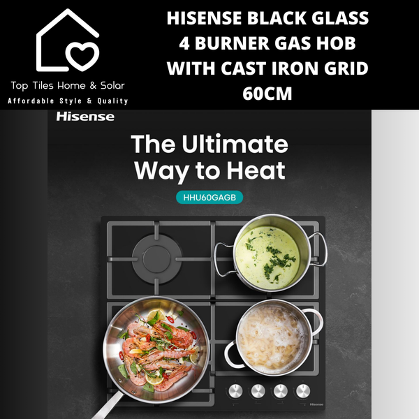 Hisense Black Glass 4 Burner Gas Hob with Cast Iron Grid - 60cm