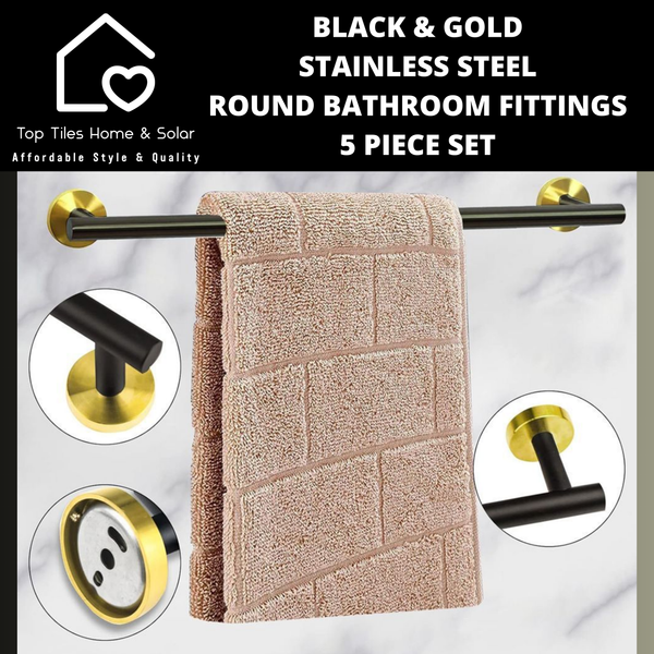 Black & Gold Stainless Steel Round Bathroom Fittings - 5 Piece Set