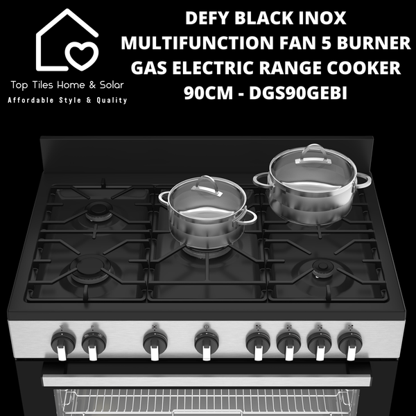 Defy Black Inox Multifunction Fan 5 Burner Gas Electric Range Cooker - 90cm DGS90GEBI
